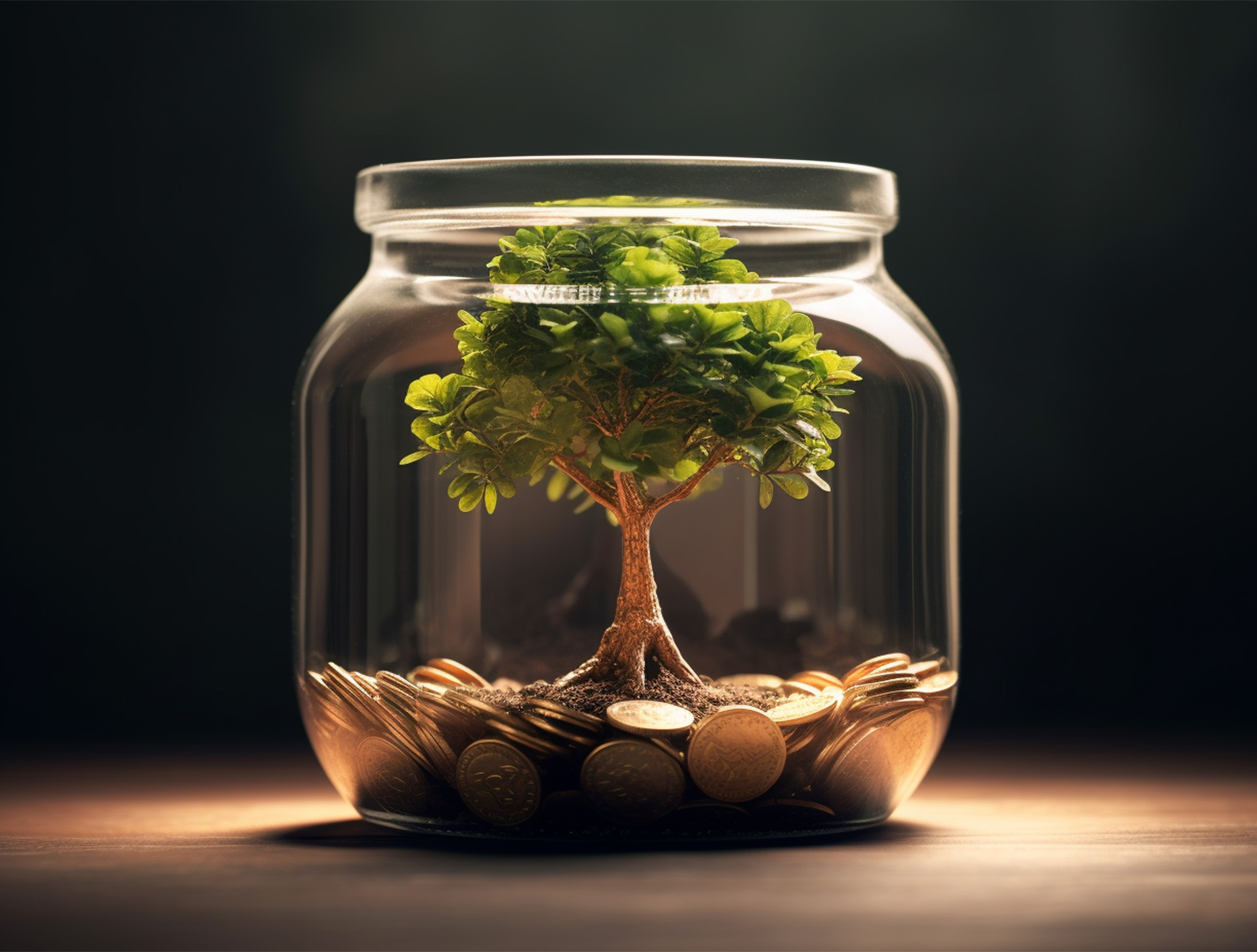Investment concept with tree growing out of coins in a glass jar