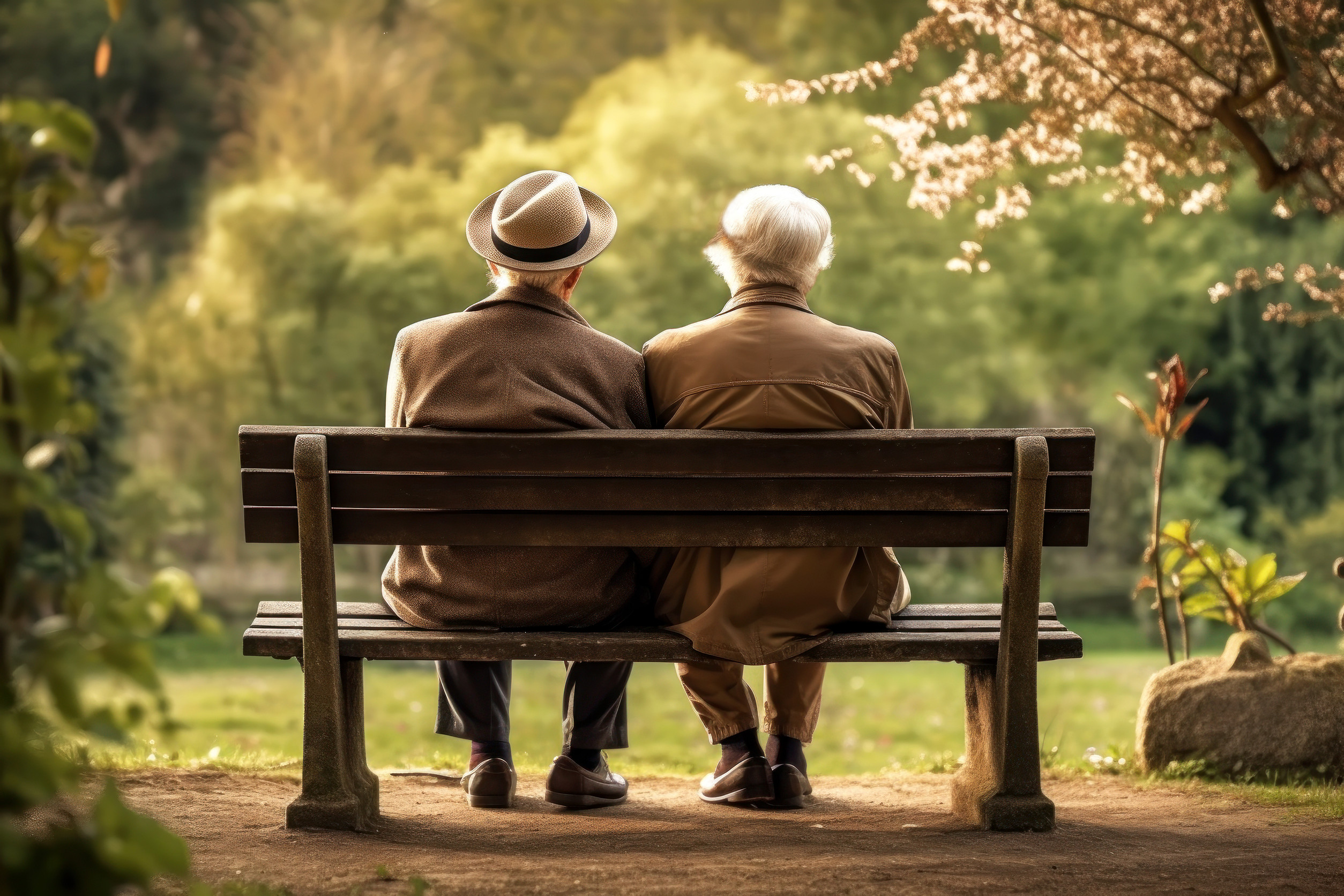 An elderly couple in autumn clothes are sitting on a wooden bench in the park Generated AI