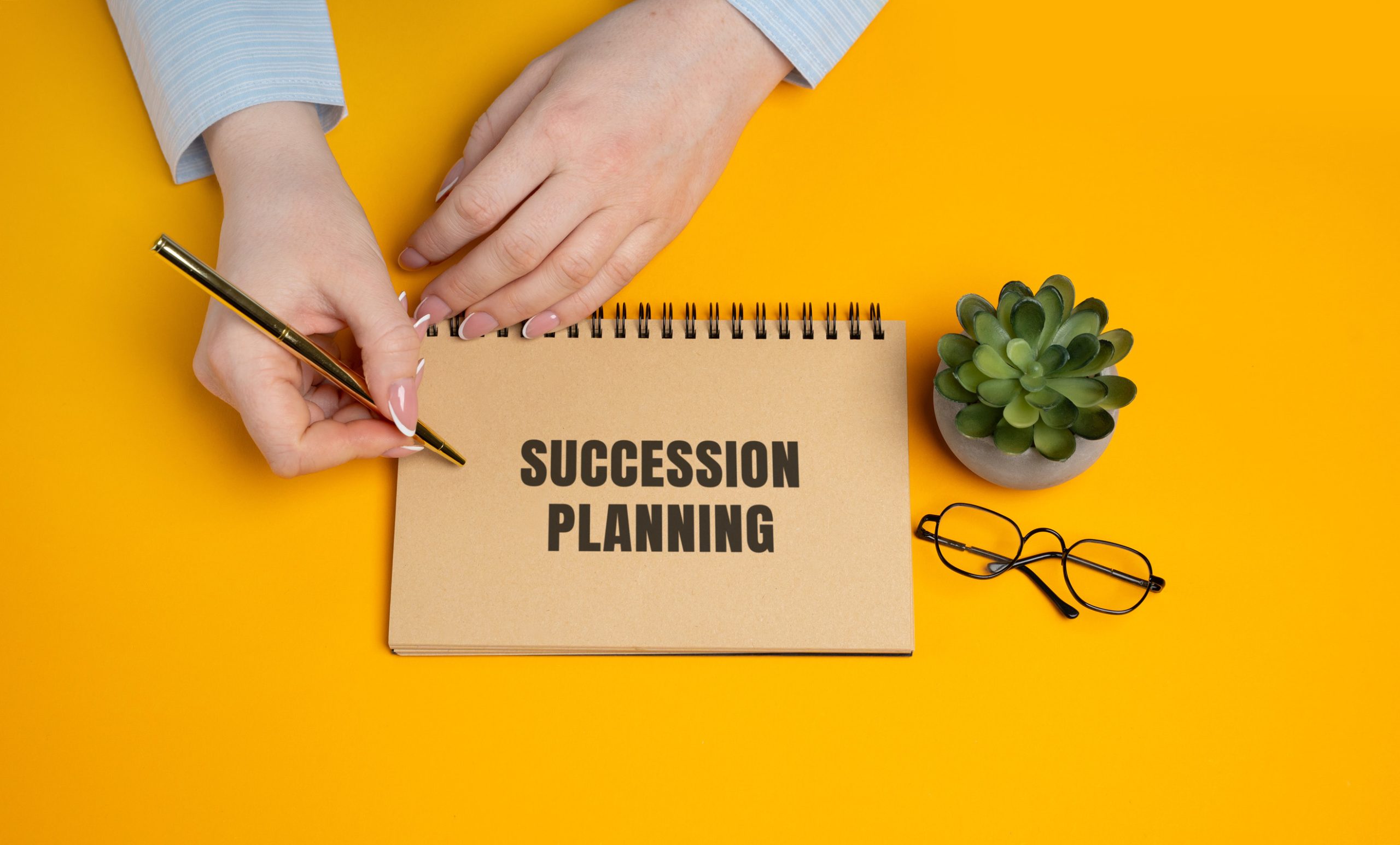 Succession planning Strategic process of identifying, training, and preparing employees to fill key leadership roles to ensure business continuity and long term success A woman writes a notes